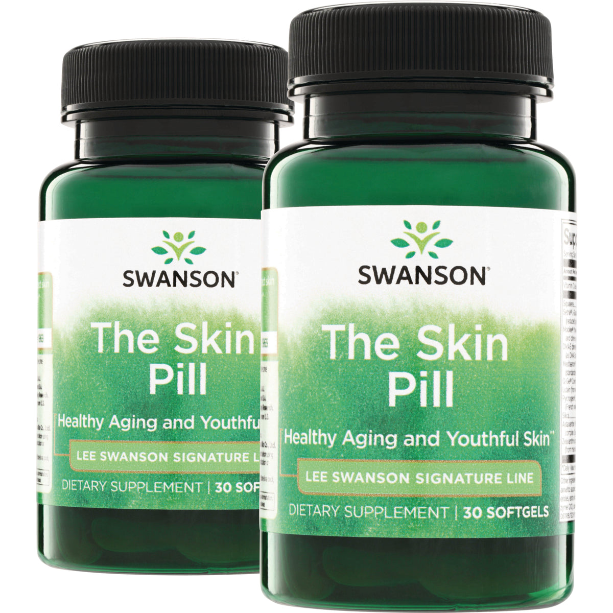 SWL027 | Two green bottles The Skin Pill for healthy aging and youthful skin Lee Swanson Signature Line 30 softgels