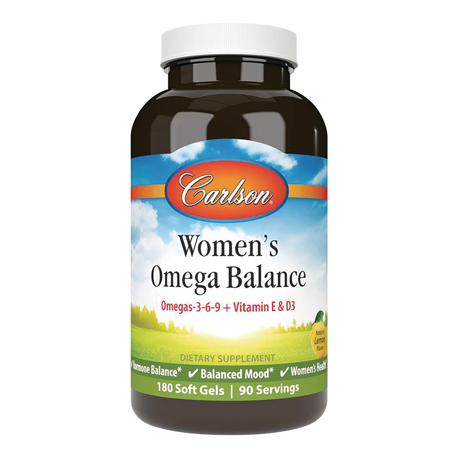 CSN333 | Carlson Women's Omega Balance bottle label, 180 soft gels, Omegas-3-6-9 with vitamin E & D3, lemon flavor