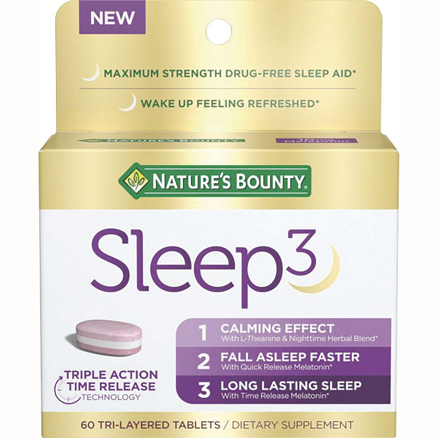 NBY095 | Nature's Bounty Sleep3 front packaging showing product name, tablet image, and 60 tri-layered tablets