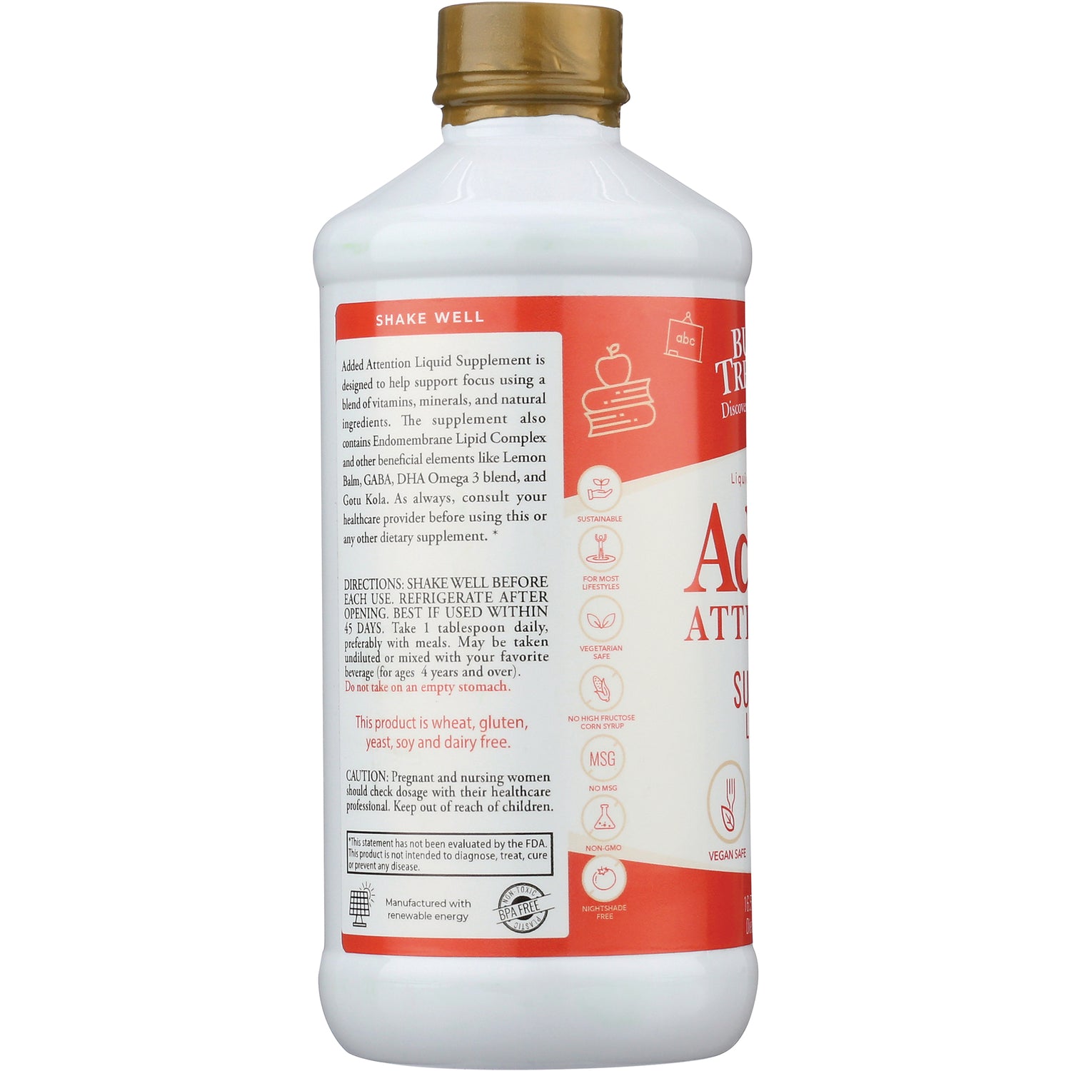 BTR002 | Back label of white supplement bottle showing directions, ingredient info, icons and SHAKE WELL header