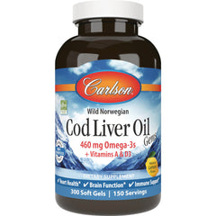 CSN137 | Carlson Wild Norwegian Cod Liver Oil bottle, 300 soft gels, natural lemon flavor dietary supplement
