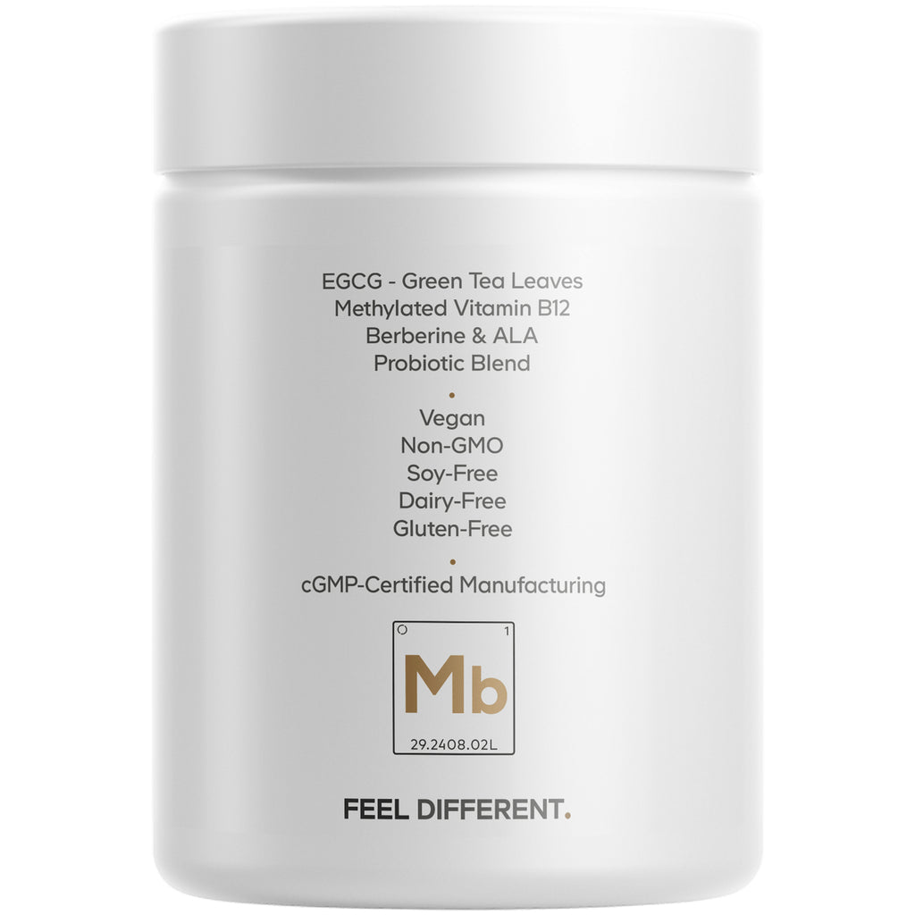 CDG036 | back of white supplement jar listing EGCG, methylated vitamin B12, probiotic blend and claims vegan, non-GMO, soy-free, dairy-free, gluten-free - Thumbnail