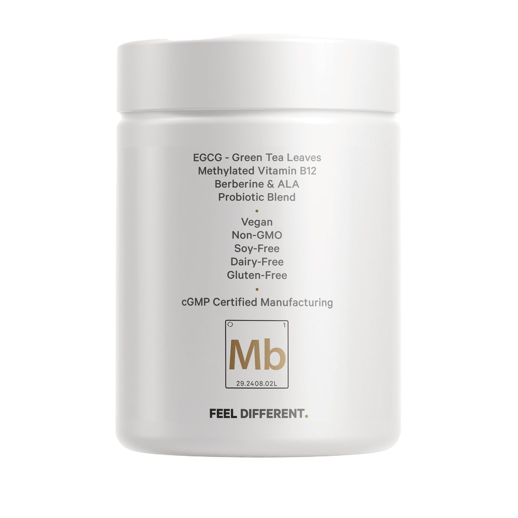 CDG036 | back of white supplement jar listing EGCG, methylated vitamin B12, probiotic blend and claims vegan, non-GMO, soy-free, dairy-free, gluten-free - Thumbnail