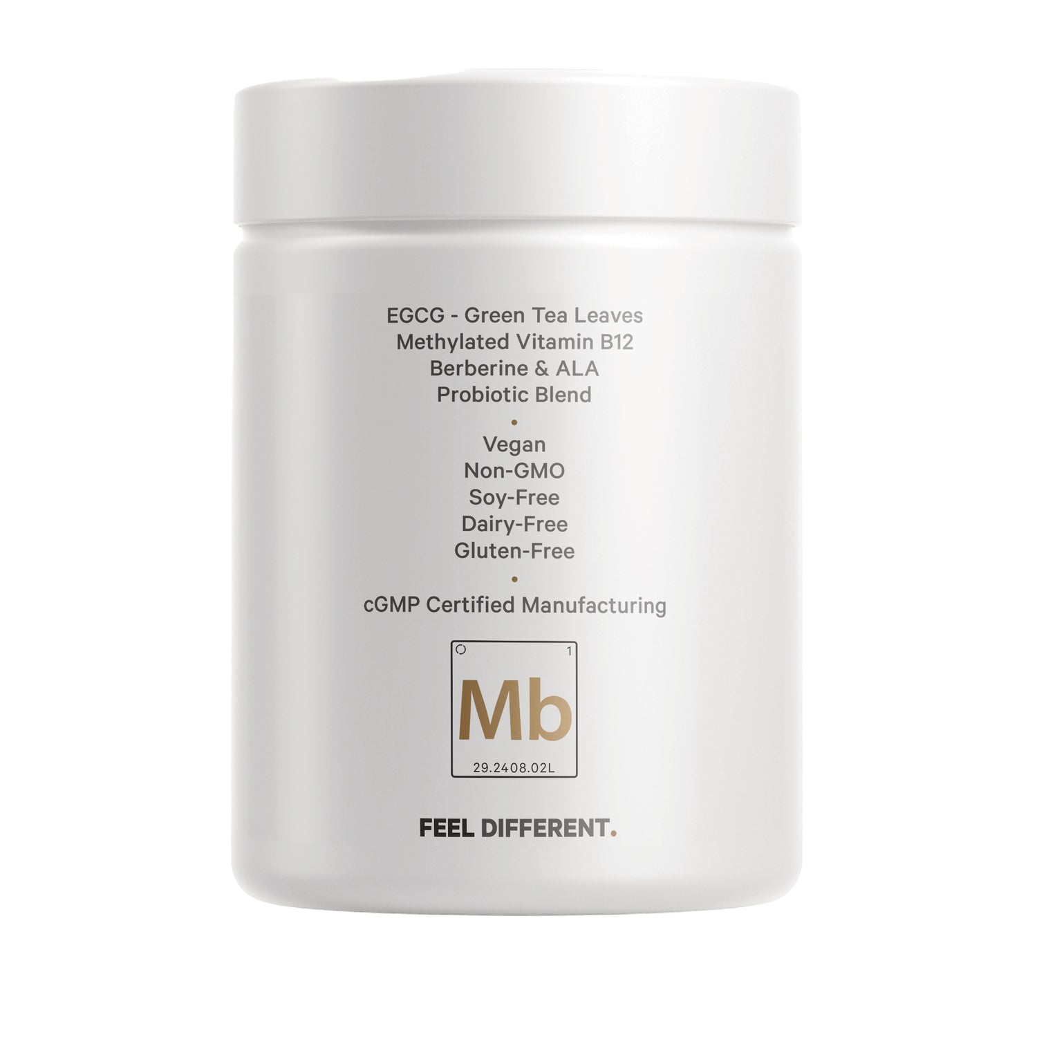 CDG036 | back of white supplement jar listing EGCG, methylated vitamin B12, probiotic blend and claims vegan, non-GMO, soy-free, dairy-free, gluten-free