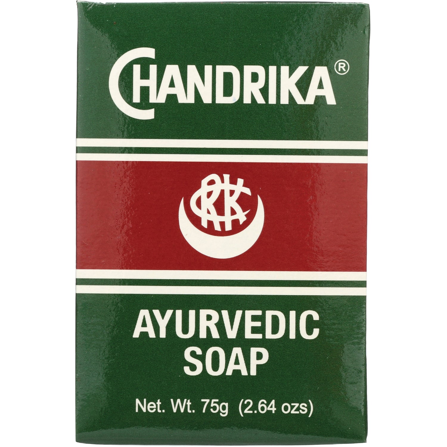 CDR002 | Chandrika Ayurvedic Soap front packaging, green and red box labeled CHANDRIKA AYURVEDIC SOAP Net. Wt. 75g (2.64 ozs)