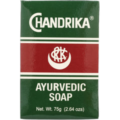 CDR002 | Chandrika Ayurvedic Soap front packaging, green and red box labeled CHANDRIKA AYURVEDIC SOAP Net. Wt. 75g (2.64 ozs)