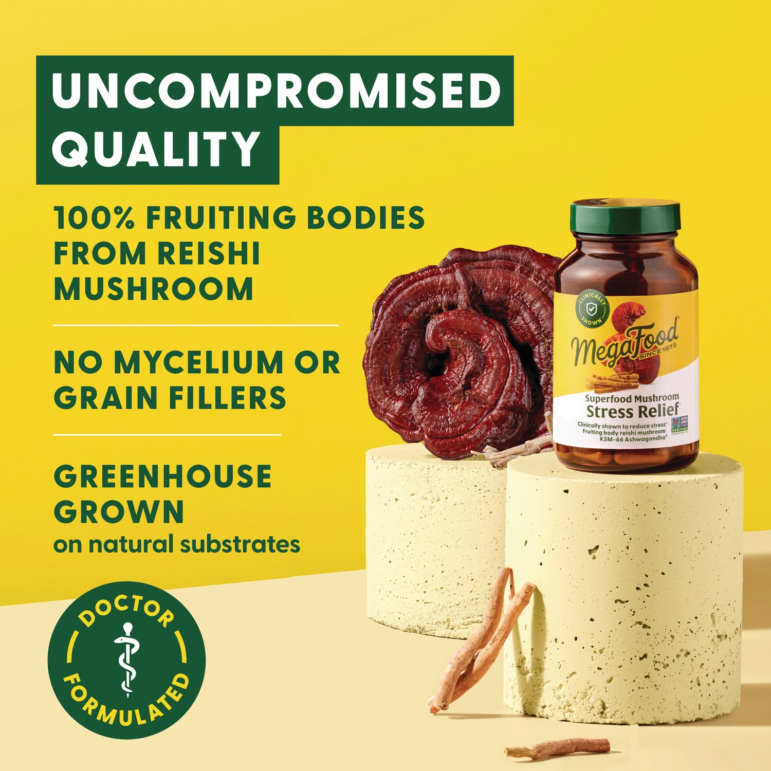 MGF138 | MegaFood Stress Relief bottle with reishi mushroom and text Uncompromised Quality, 100% fruiting bodies, no mycelium