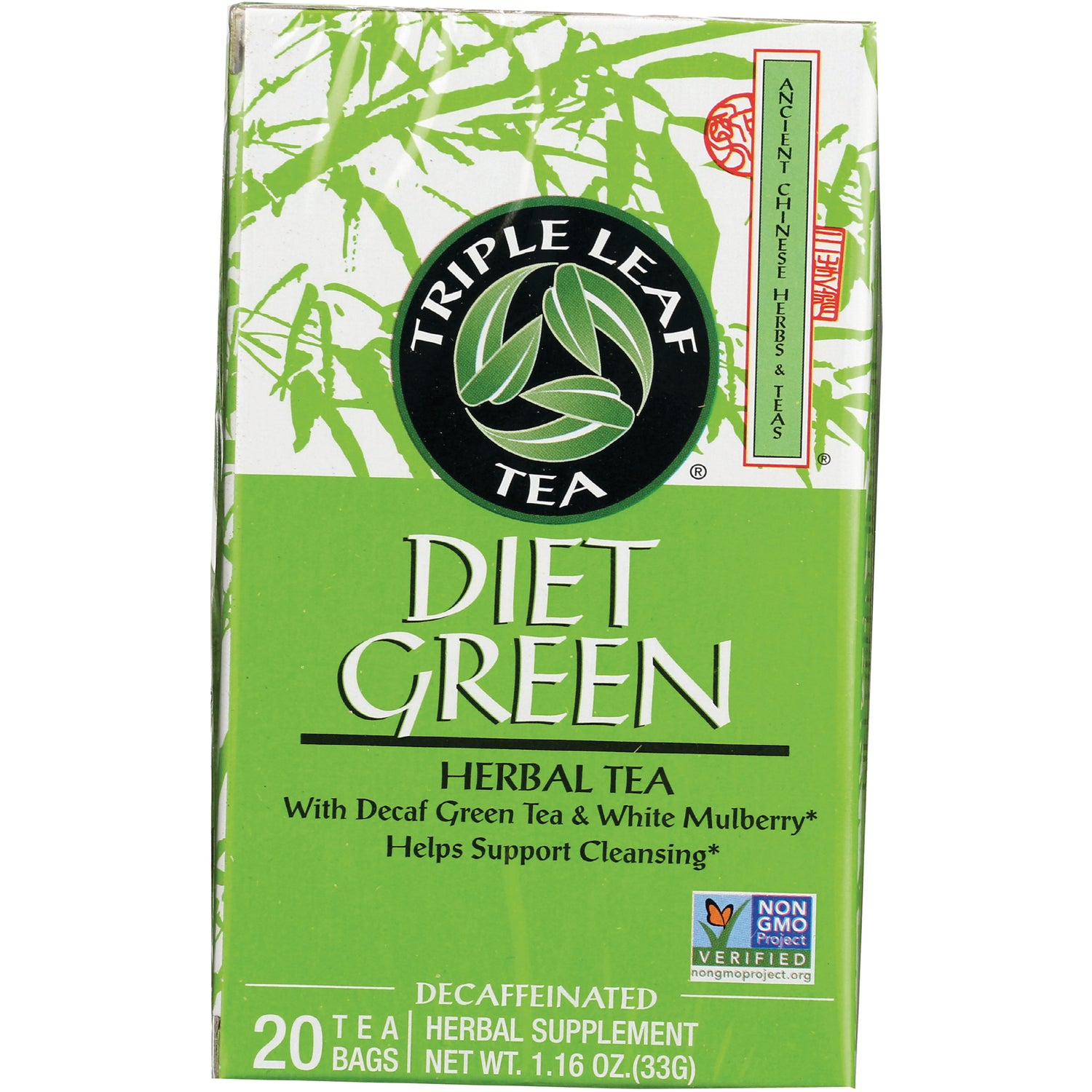 TLT003 | Triple Leaf Tea Diet Green herbal tea box, decaf, 20 tea bags, 1.16 oz