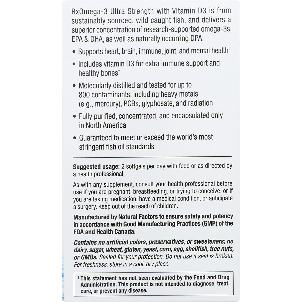 NFC118 | Back panel showing omega-3 with vitamin D3 benefits, suggested usage 2 softgels/day, manufacturing and allergen info - Thumbnail
