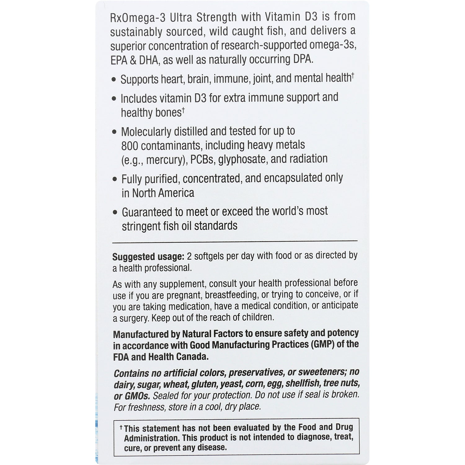 NFC118 | Back panel showing omega-3 with vitamin D3 benefits, suggested usage 2 softgels/day, manufacturing and allergen info