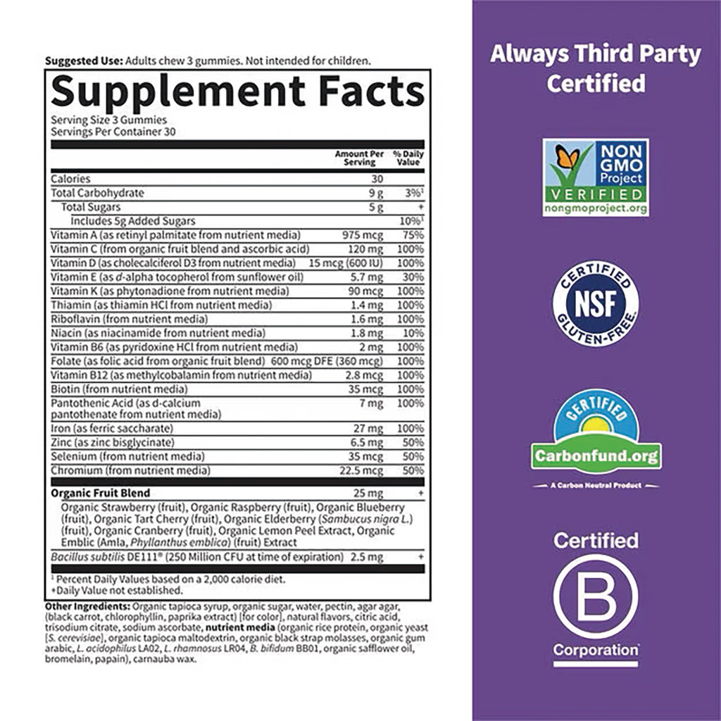 GLF397 | Supplement Facts nutrition panel listing vitamins, minerals and organic fruit blend with certification logos on purple panel - Thumbnail