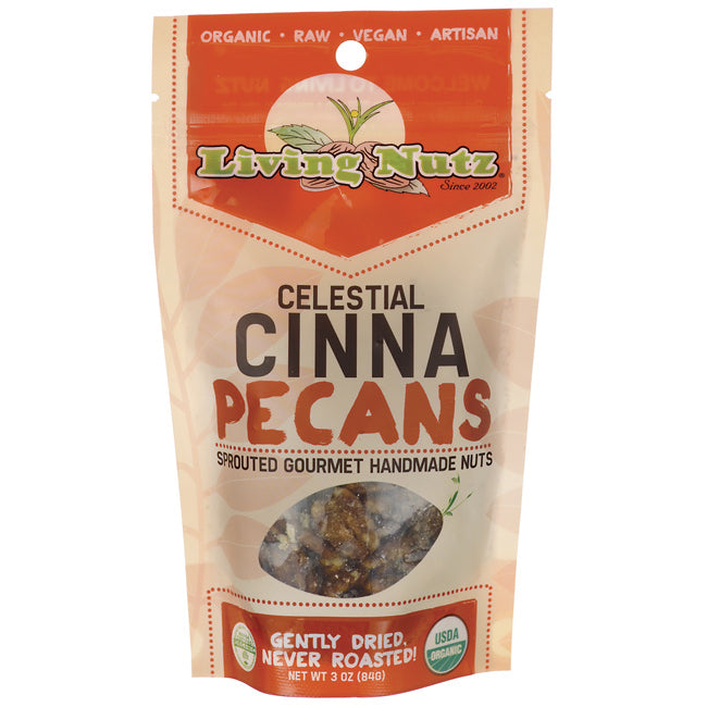 LVN004 | Living Nutz Celestial CINNA PECANS front pouch with visible nuts and USDA Organic badge