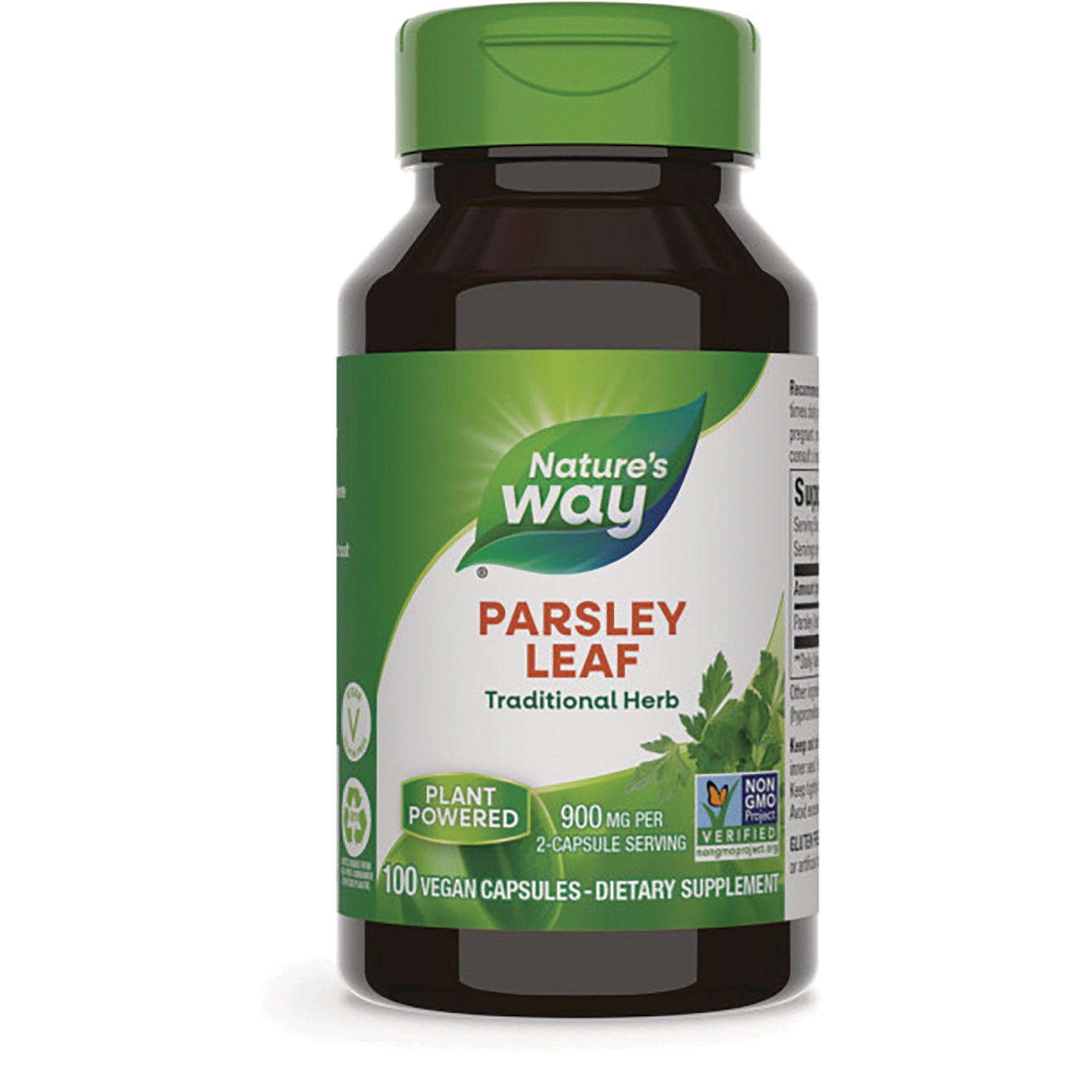 NW158 | Nature's Way Parsley Leaf supplement bottle, 100 vegan capsules, plant powered, 900 mg per 2-capsule serving