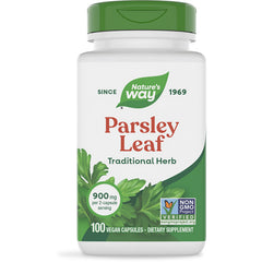 NW158 | Nature's Way Parsley Leaf supplement bottle, 100 vegan capsules, plant powered, 900 mg per 2-capsule serving