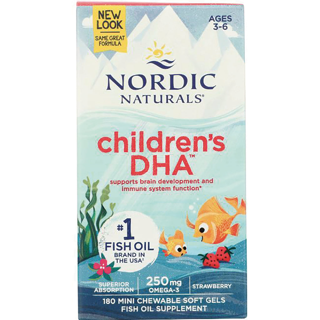 NRN002 | Nordic Naturals Children's DHA strawberry fish oil box, 180 mini chewable soft gels, front - Thumbnail