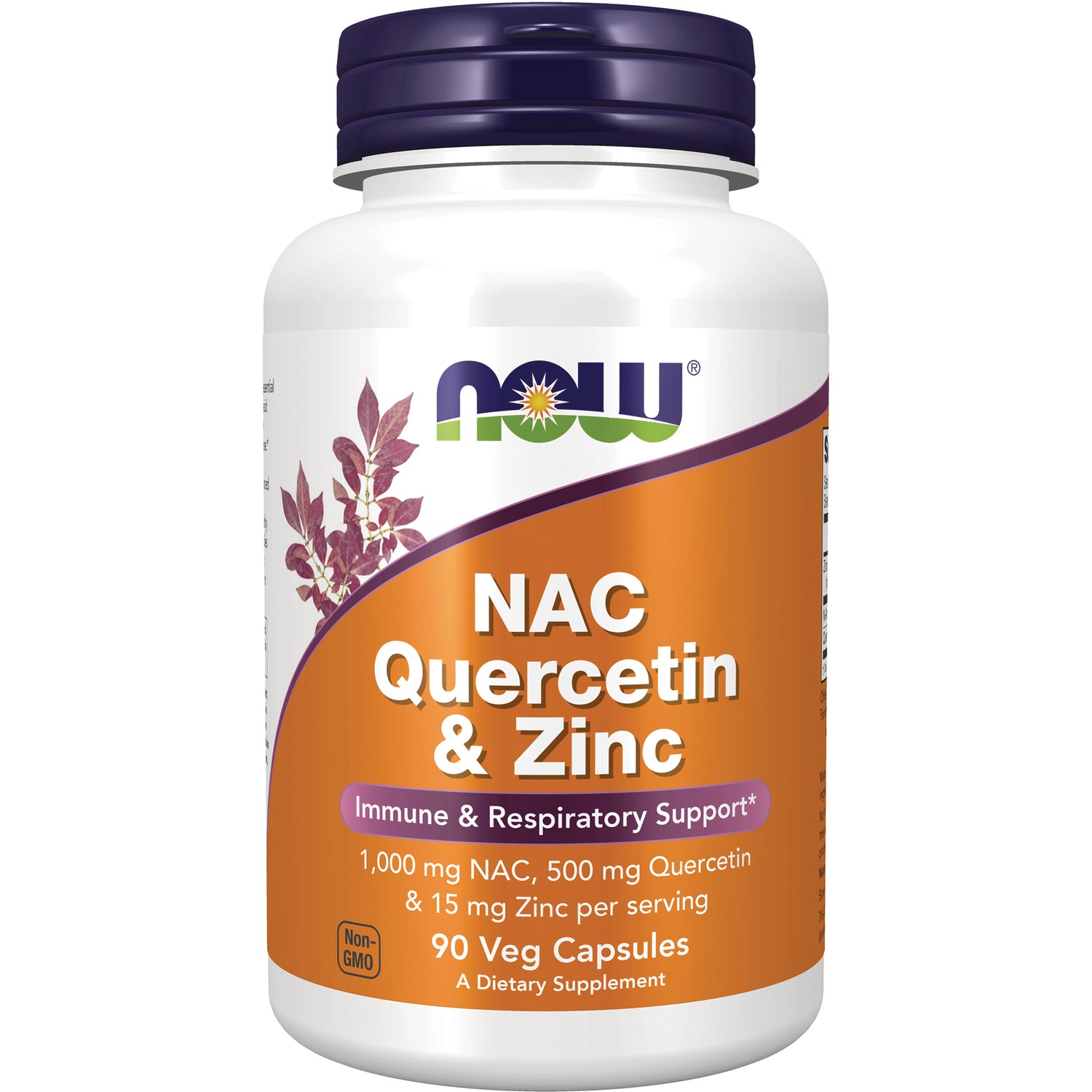 NWF1462 | NOW NAC Quercetin & Zinc supplement bottle, front label reads Immune & Respiratory Support and 90 Veg Capsules