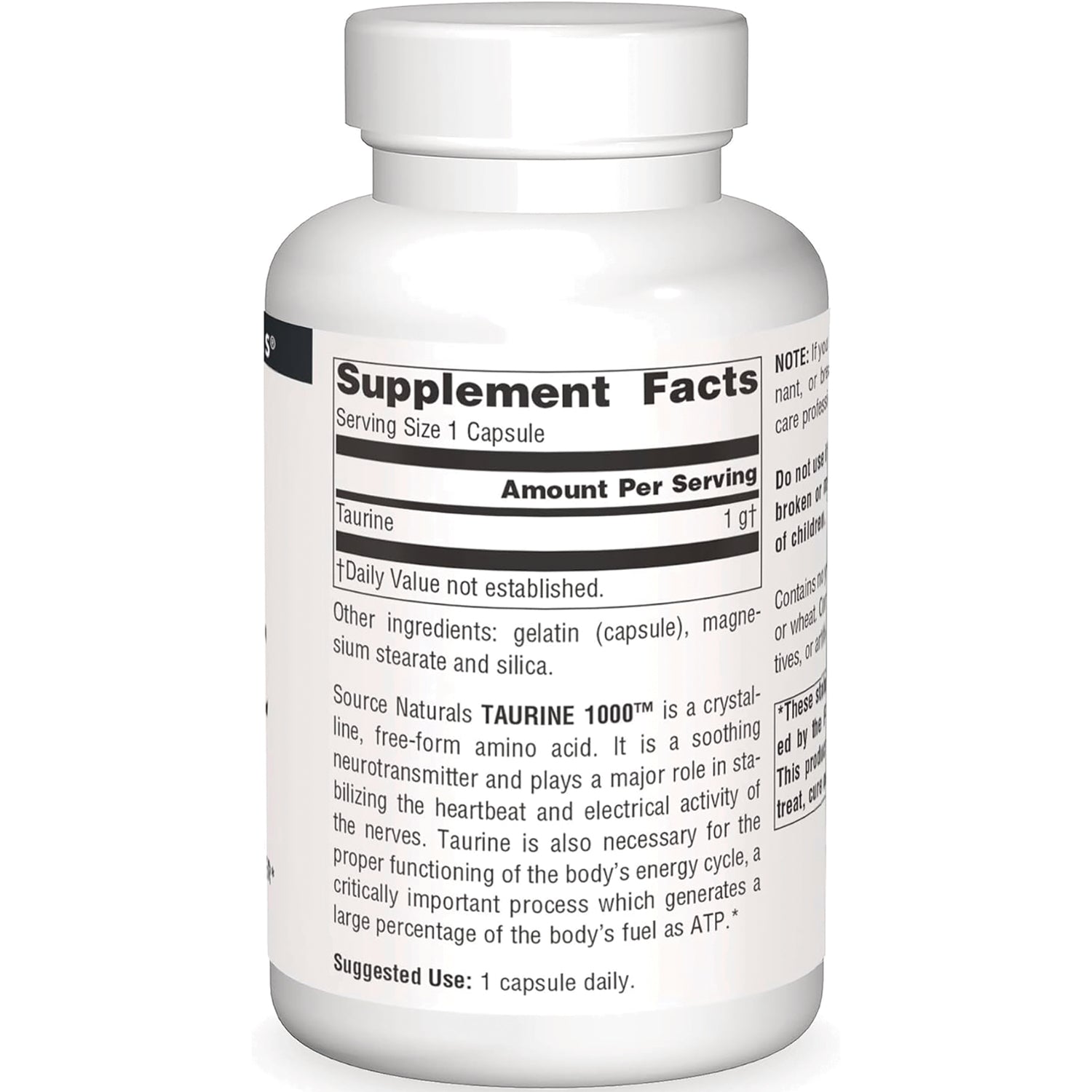 SN781 | Back label with Supplement Facts: Taurine 1 g; suggested use 1 capsule daily