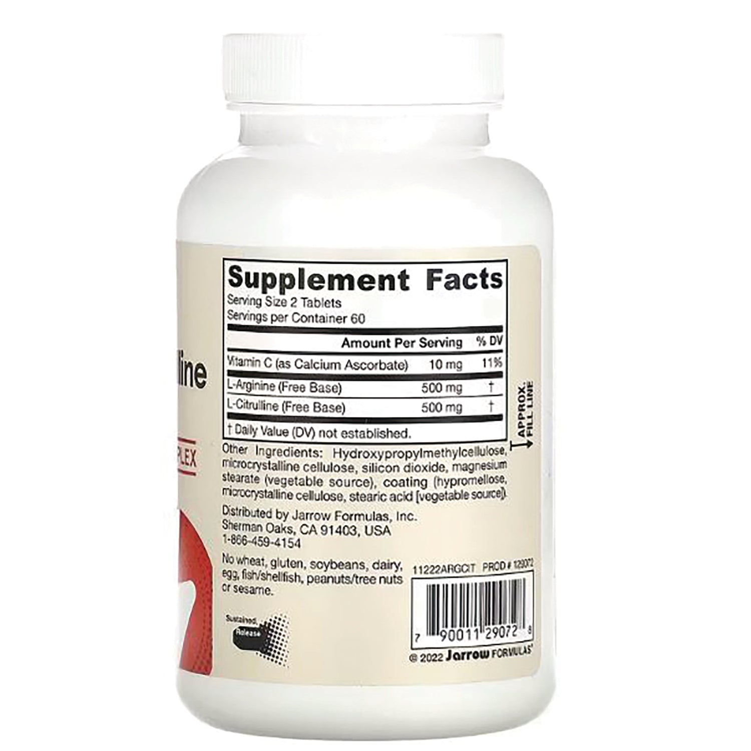 JR313 | Supplement facts label on bottle back showing serving size 2 tablets, L-Arginine 500 mg, L-Citrulline 500 mg and barcode