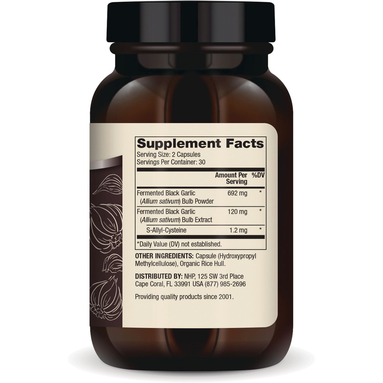 MRC055 | Back of brown supplement bottle showing Supplement Facts panel with fermented black garlic ingredients