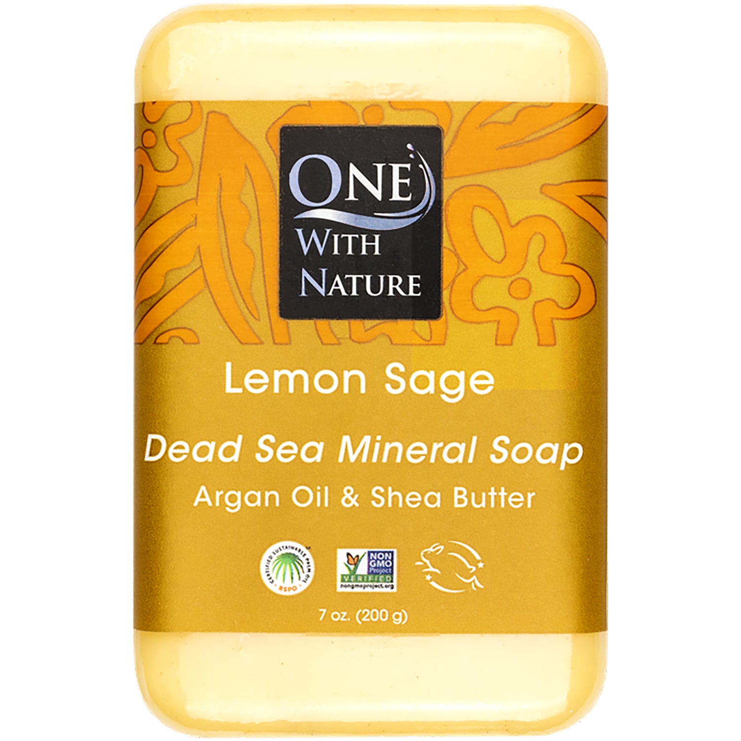OWN009 | Front of Lemon Sage Dead Sea Mineral Soap bar packaging labeled ONE WITH NATURE, Argan Oil & Shea Butter, 7 oz