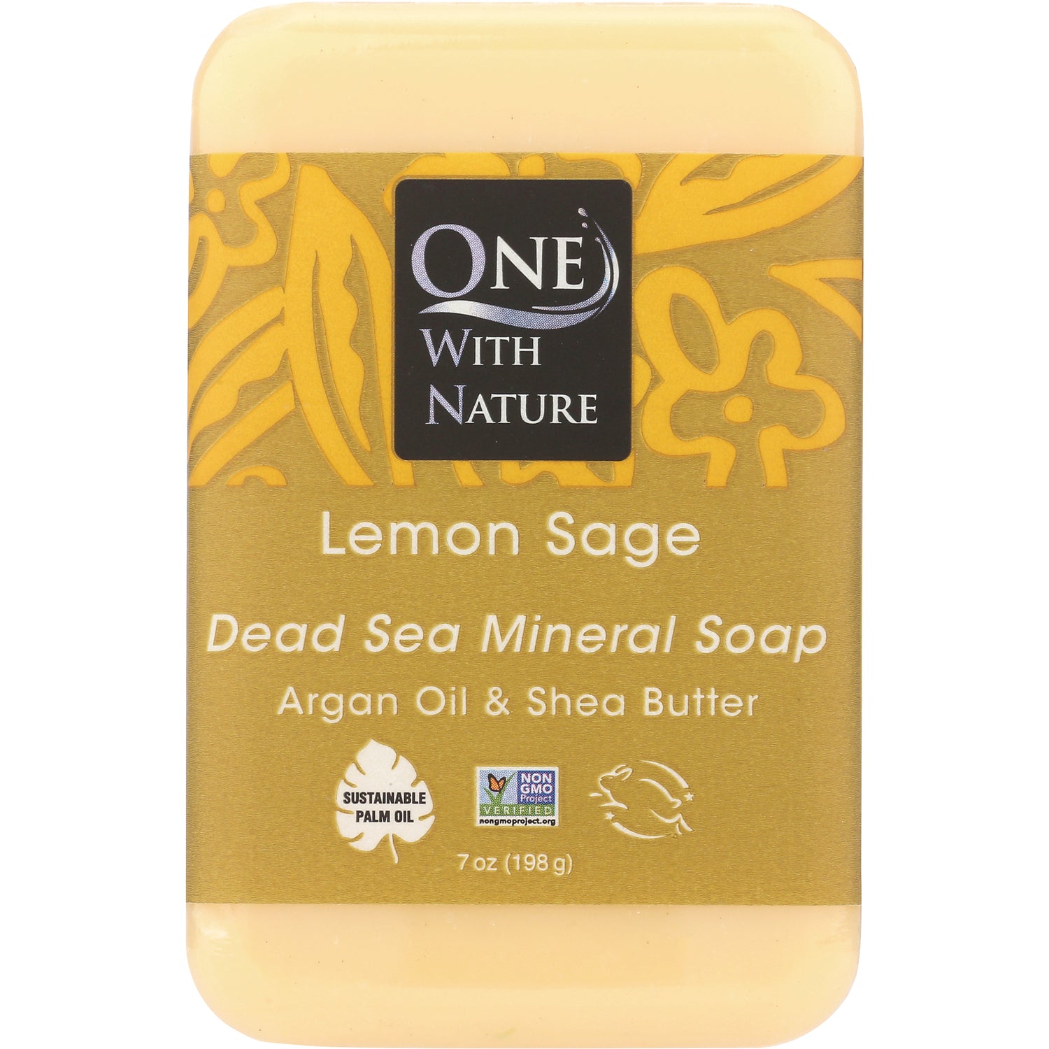 OWN009 | Front of Lemon Sage Dead Sea Mineral Soap bar packaging labeled ONE WITH NATURE, Argan Oil & Shea Butter, 7 oz