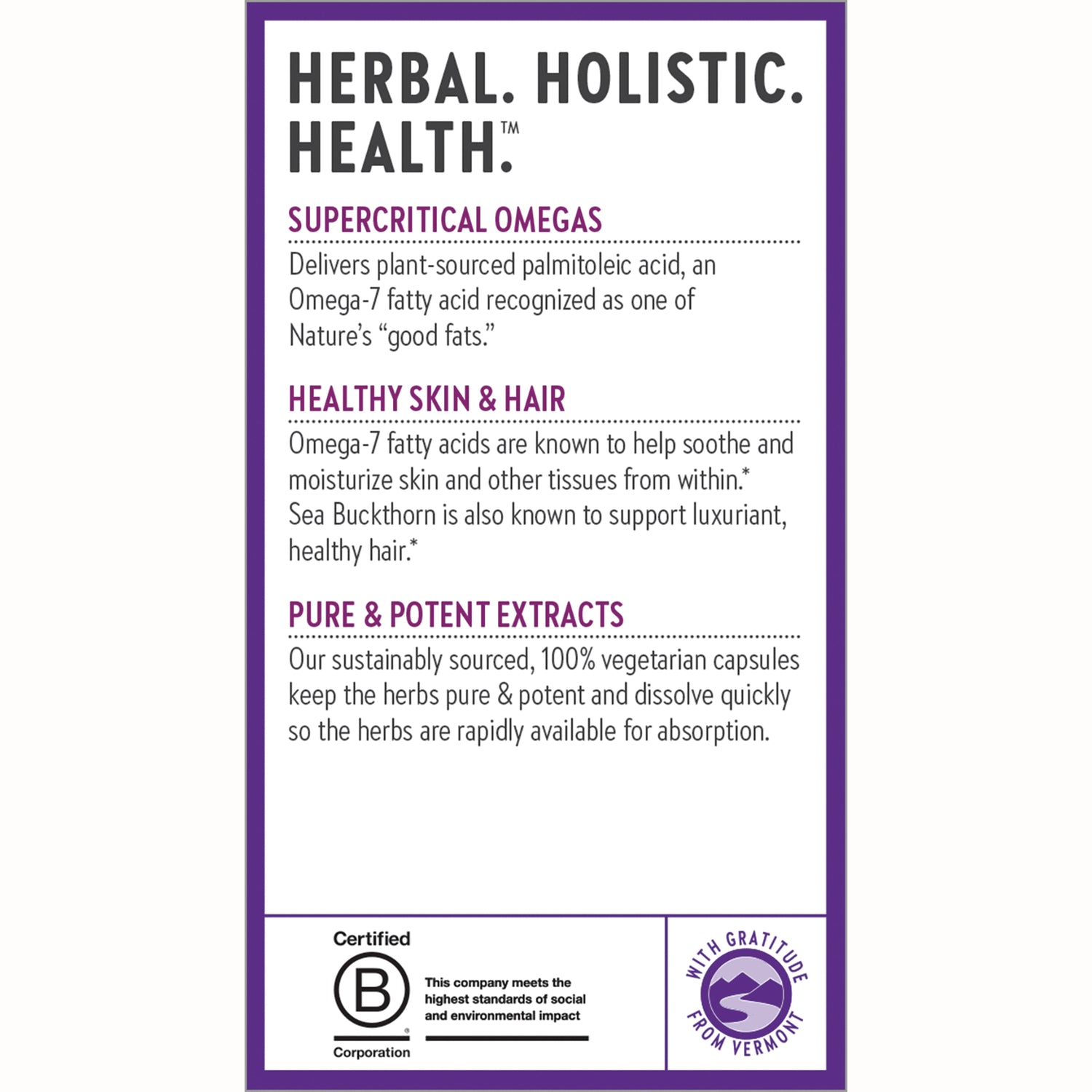 NWC289 | Product infographic panel titled Herbal. Holistic. Health with Supercritical Omegas, Healthy Skin & Hair, and certification badges