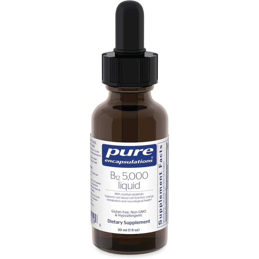 PRN010 | brown glass dropper bottle labeled pure encapsulations B12 5,000 liquid dietary supplement 30 ml - Thumbnail