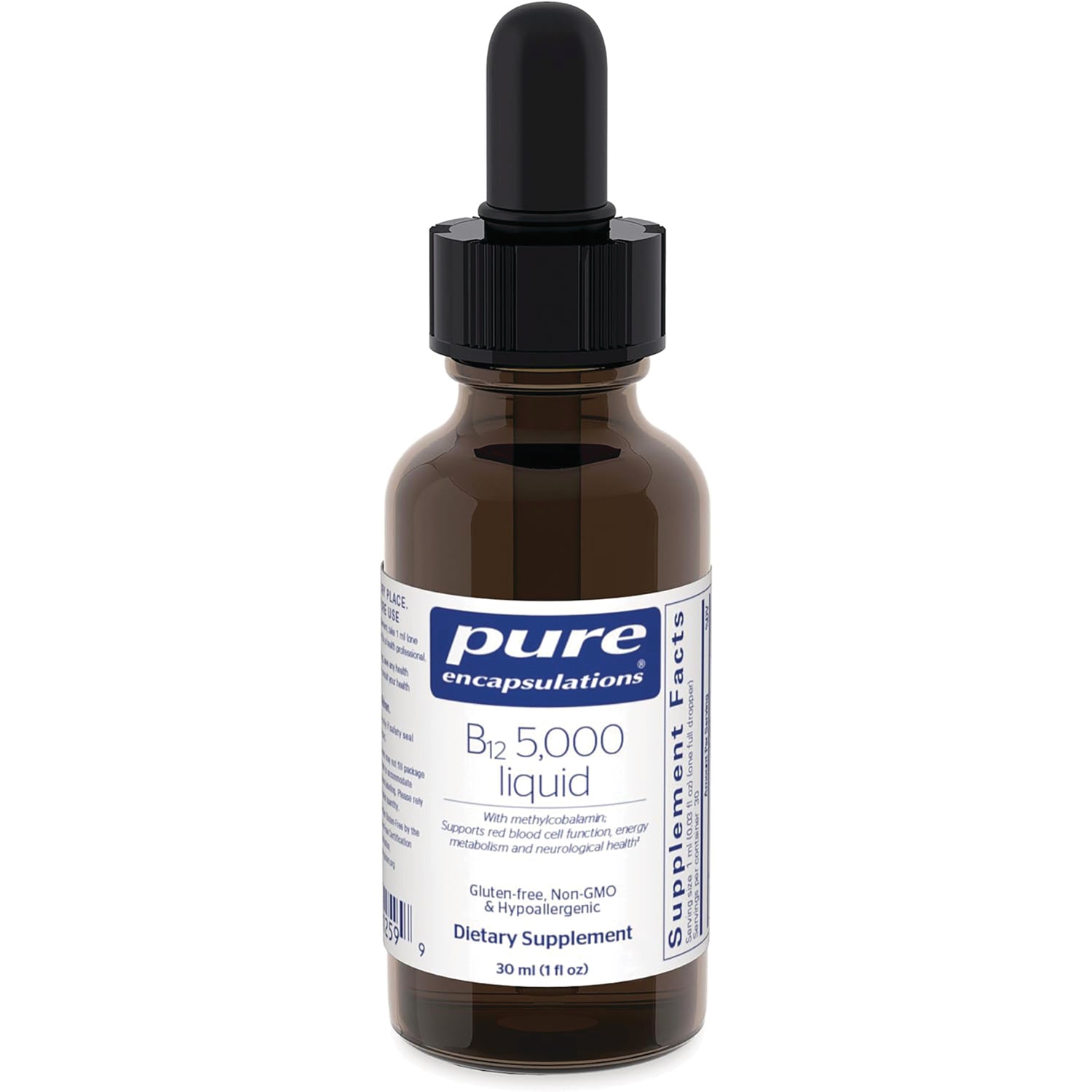 PRN010 | brown glass dropper bottle labeled pure encapsulations B12 5,000 liquid dietary supplement 30 ml