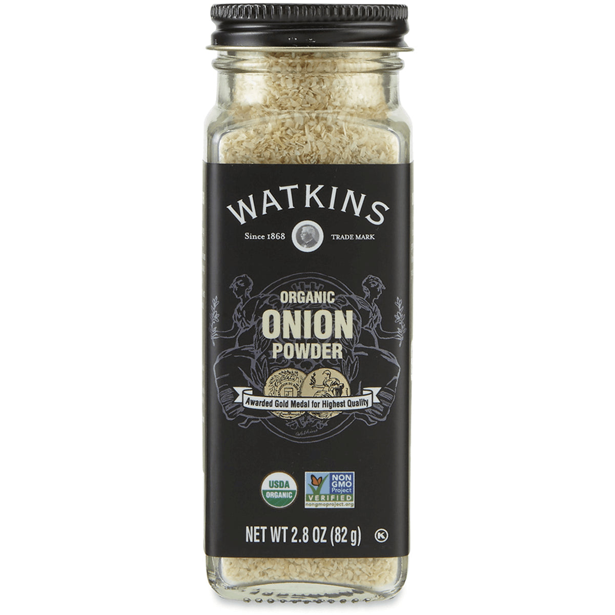 WTK005 | Watkins Organic Onion Powder, 2.8 oz glass jar, USDA Organic and Non-GMO Project Verified front label