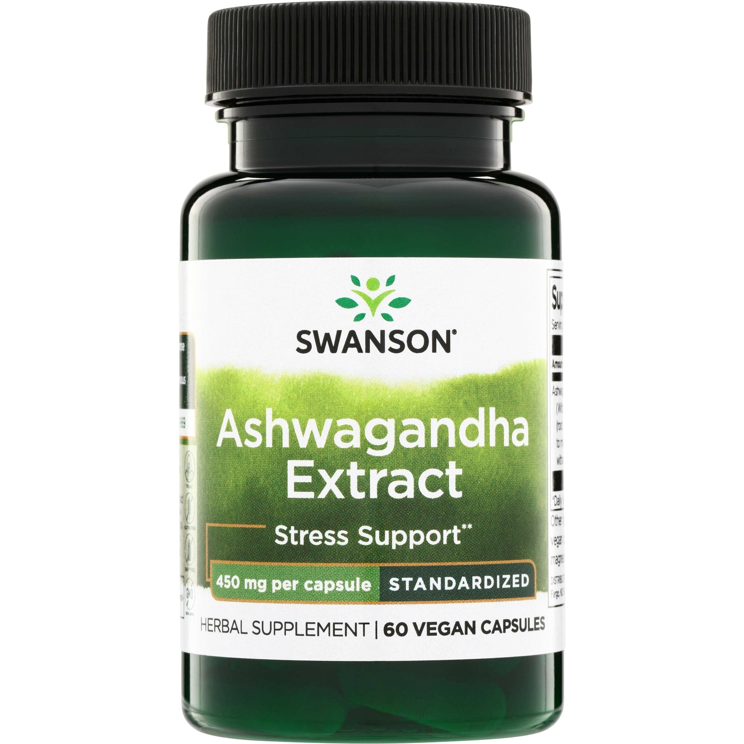 SWH287 | Swanson Ashwagandha Extract bottle labeled 450 mg per capsule, stress support, 60 vegan capsules