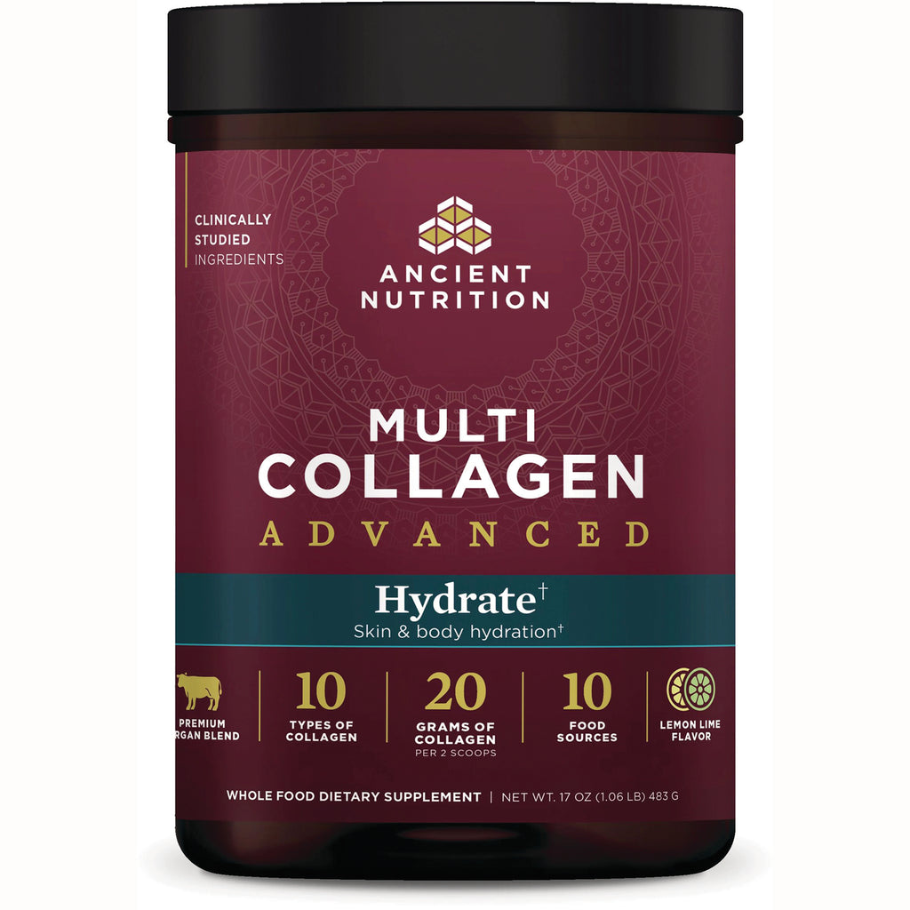 ATN130 | Ancient Nutrition Multi Collagen Advanced jar labeled Hydrate, lemon-lime flavor, front product view - Thumbnail