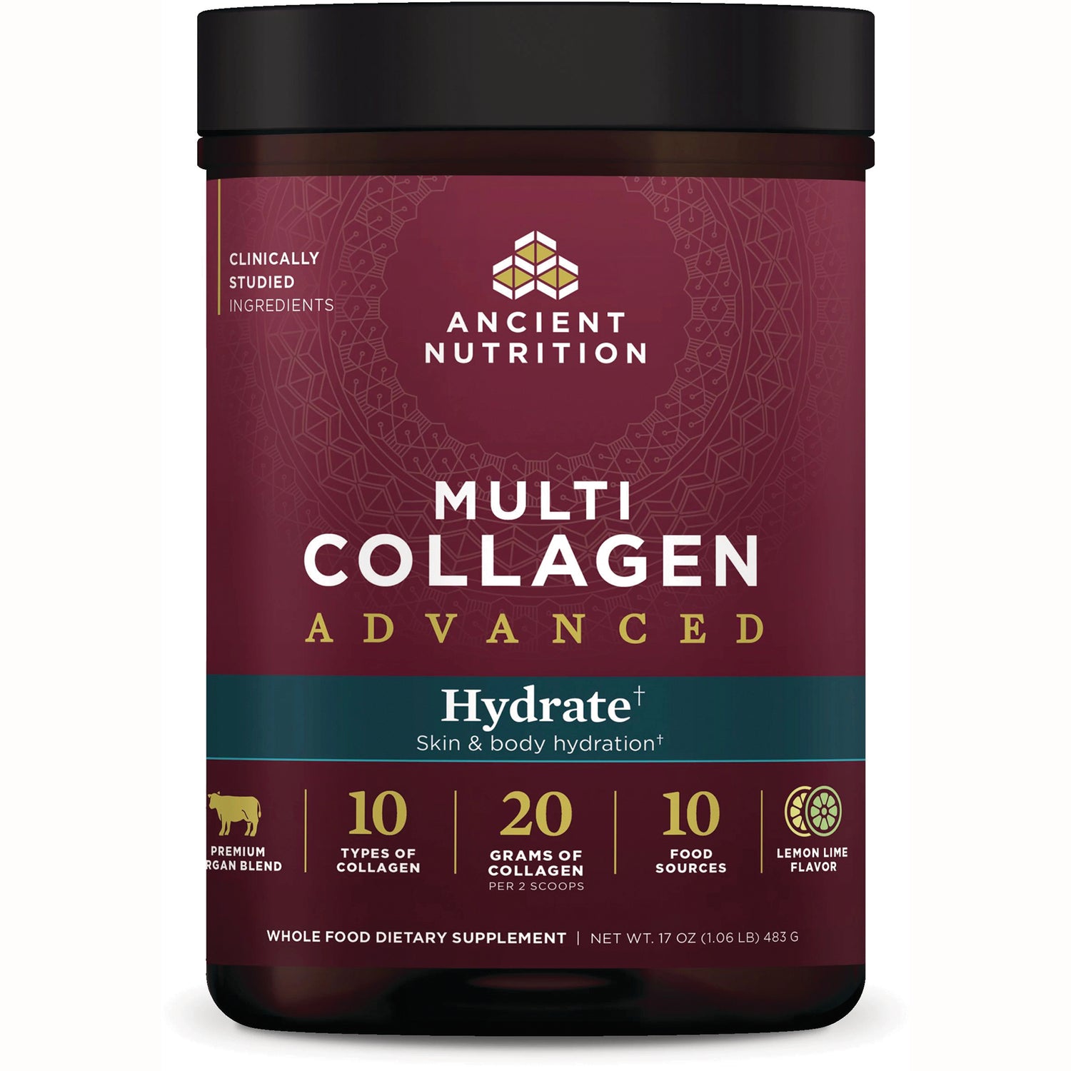 ATN130 | Ancient Nutrition Multi Collagen Advanced jar labeled Hydrate, lemon-lime flavor, front product view