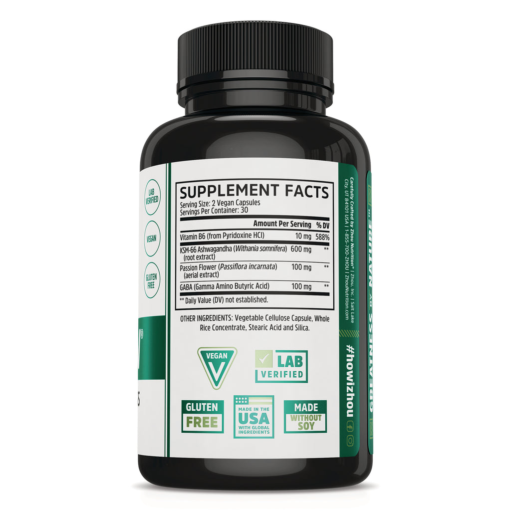 ZOU035 | Supplement Facts: B6 10 mg, KSM-66 600 mg, Passion Flower 100 mg, GABA 100 mg; vegan, lab verified, gluten free - Thumbnail