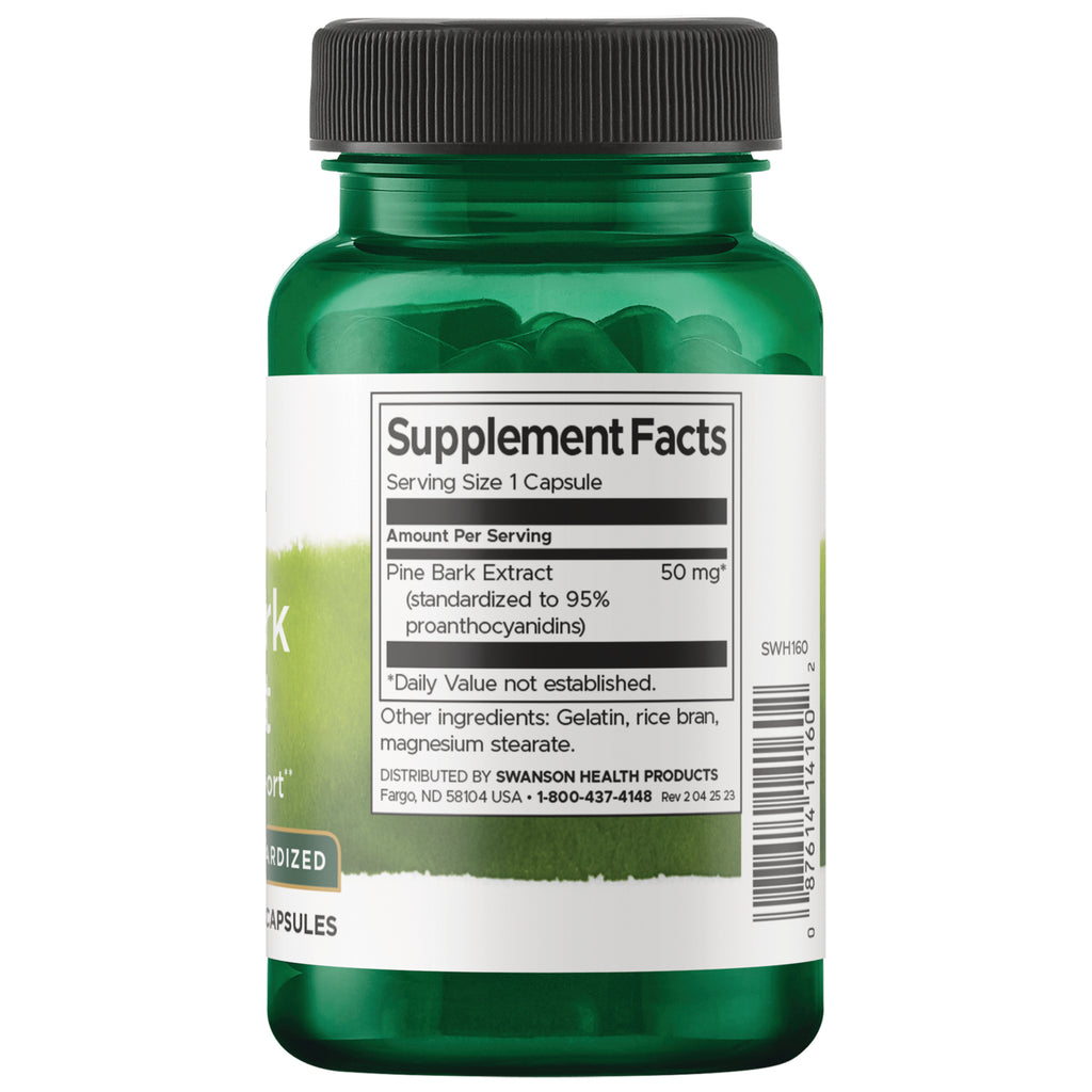 SWH160 | Back label with Supplement Facts for pine bark extract 50 mg; serving size 1 capsule; barcode on right - Thumbnail