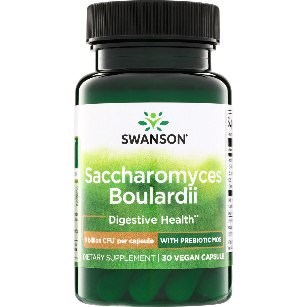 SWA012 | Swanson Saccharomyces boulardii supplement bottle, 30 vegan capsules, 5 billion CFU per capsule with prebiotic MOS - Thumbnail