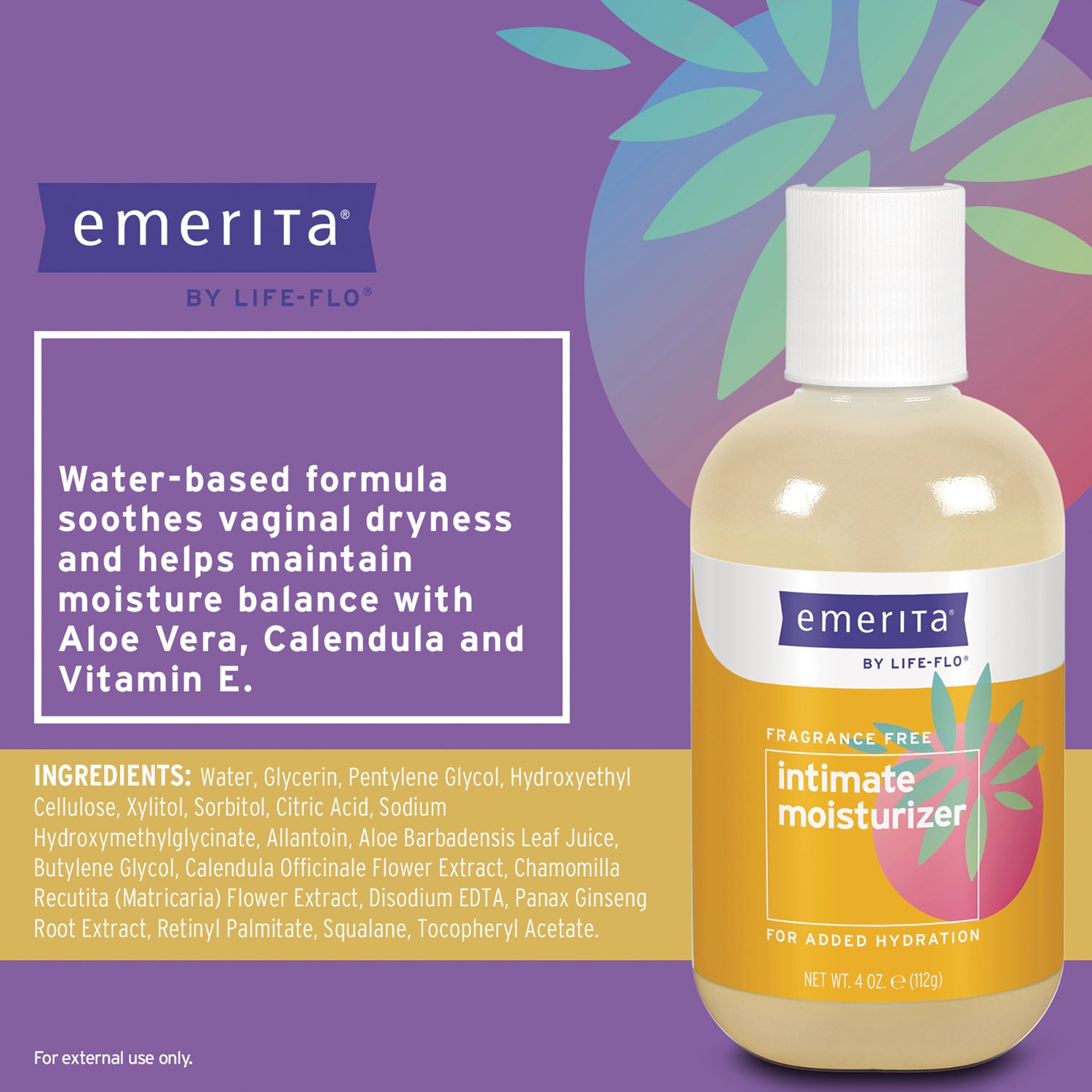 EMR031 | Back label of Emerita intimate moisturizer showing water-based formula claim and ingredients list