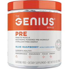 GBR006 | Genius PRE Blue Raspberry pre-workout tub with orange lid and label showing PRE and BLUE RASPBERRY