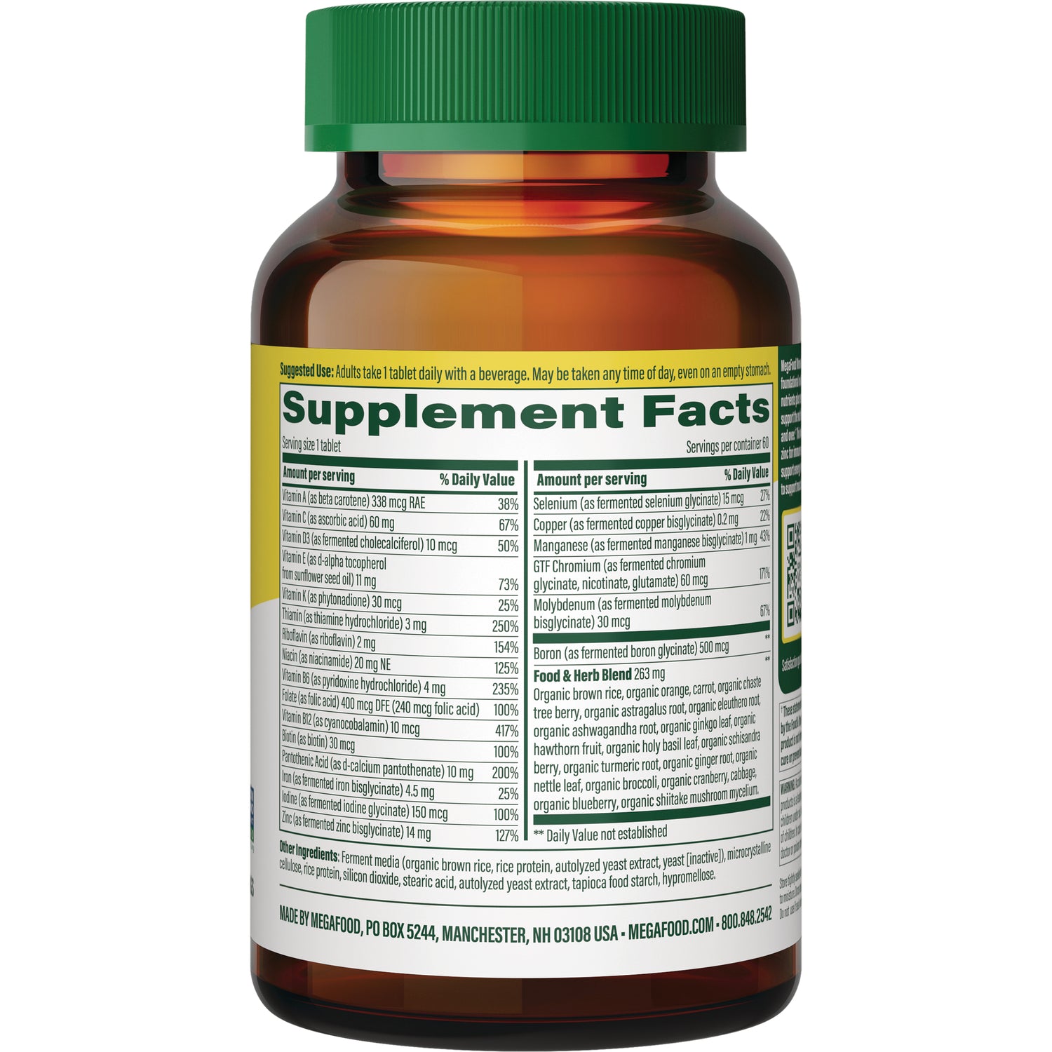 MGF025 | Back of amber supplement bottle showing Supplement Facts panel, ingredient list, and manufacturer information