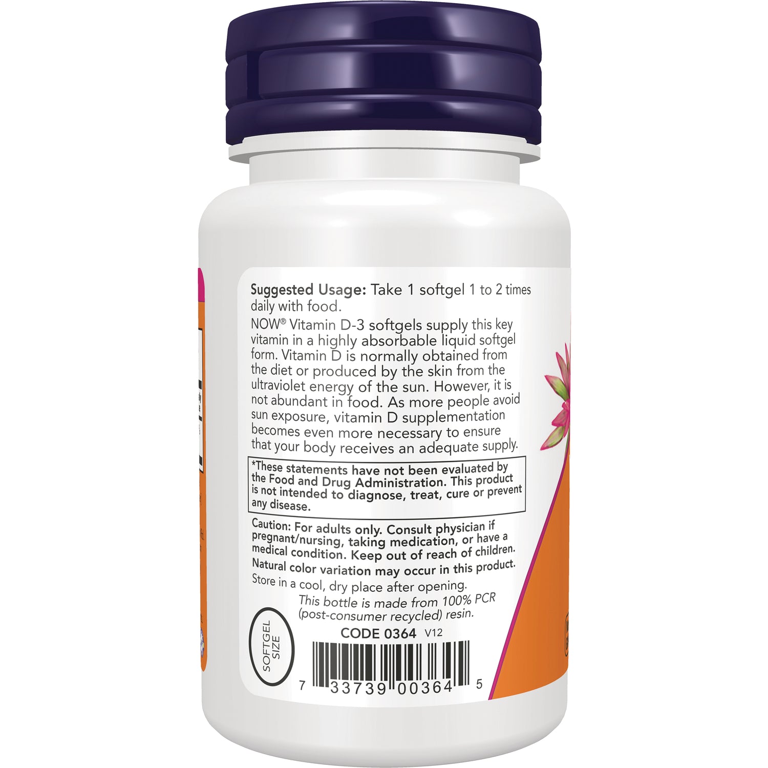 NWF157 | back label of white supplement bottle showing suggested usage text, warnings and barcode