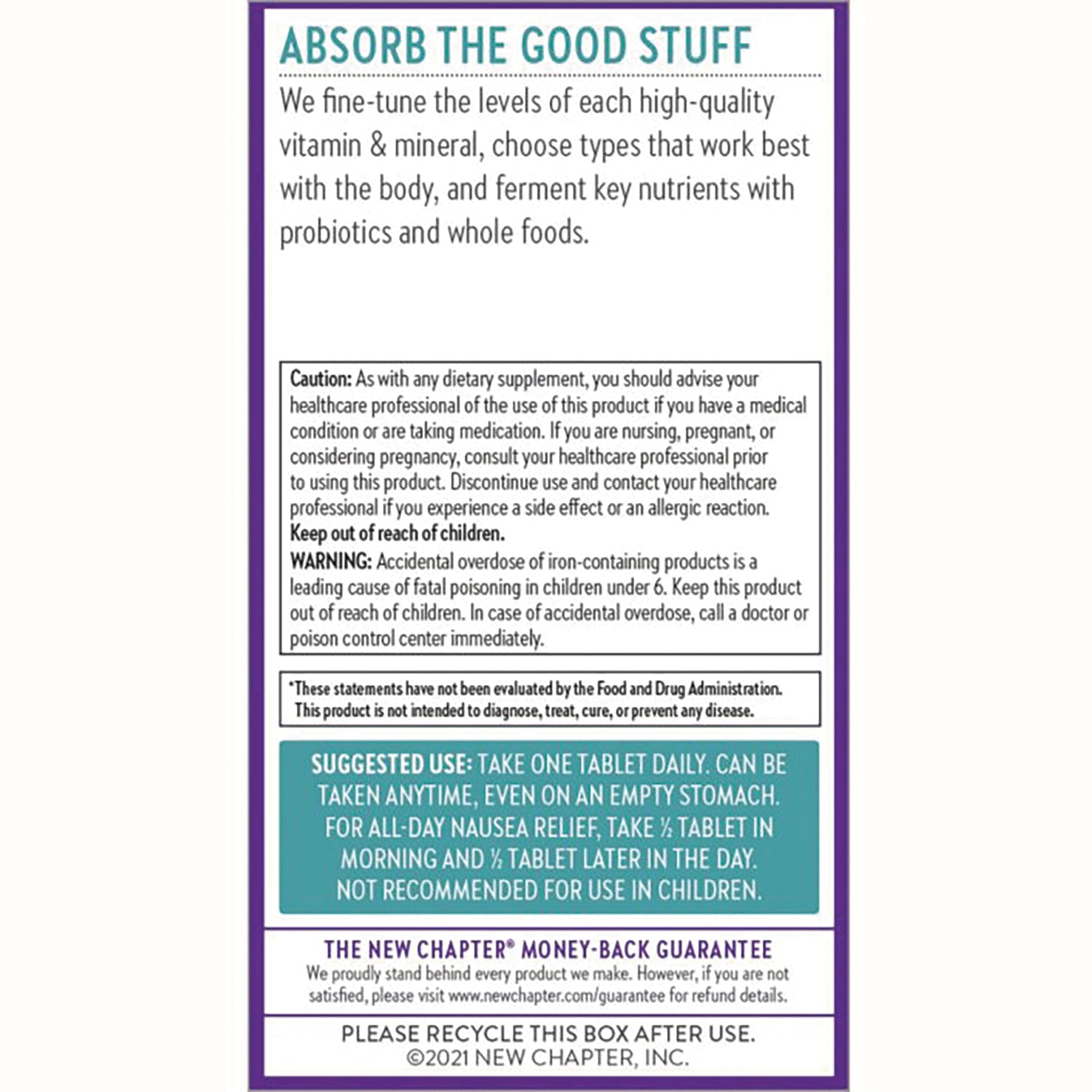 NWC357 | back panel showing ABSORB THE GOOD STUFF heading plus caution and suggested use text