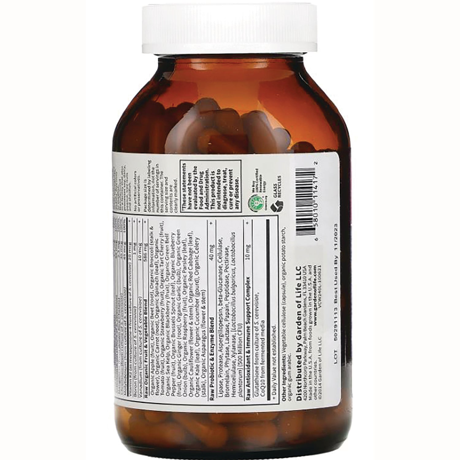 GLF105 | Back of brown supplement bottle showing supplement facts label, barcode and visible capsules