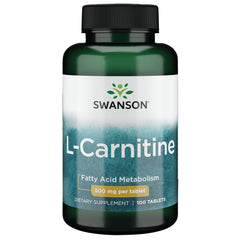 SW1001 | Swanson L-Carnitine 500 mg per tablet, 100 tablets dietary supplement bottle, front label