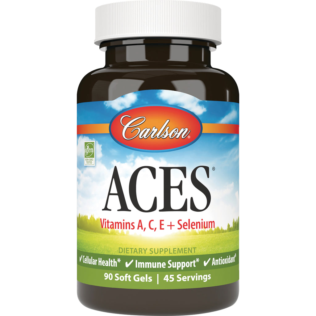 Carlson ACES vitamins A, C, E + Selenium dietary supplement bottle, 90 soft gels 45 servings - Thumbnail