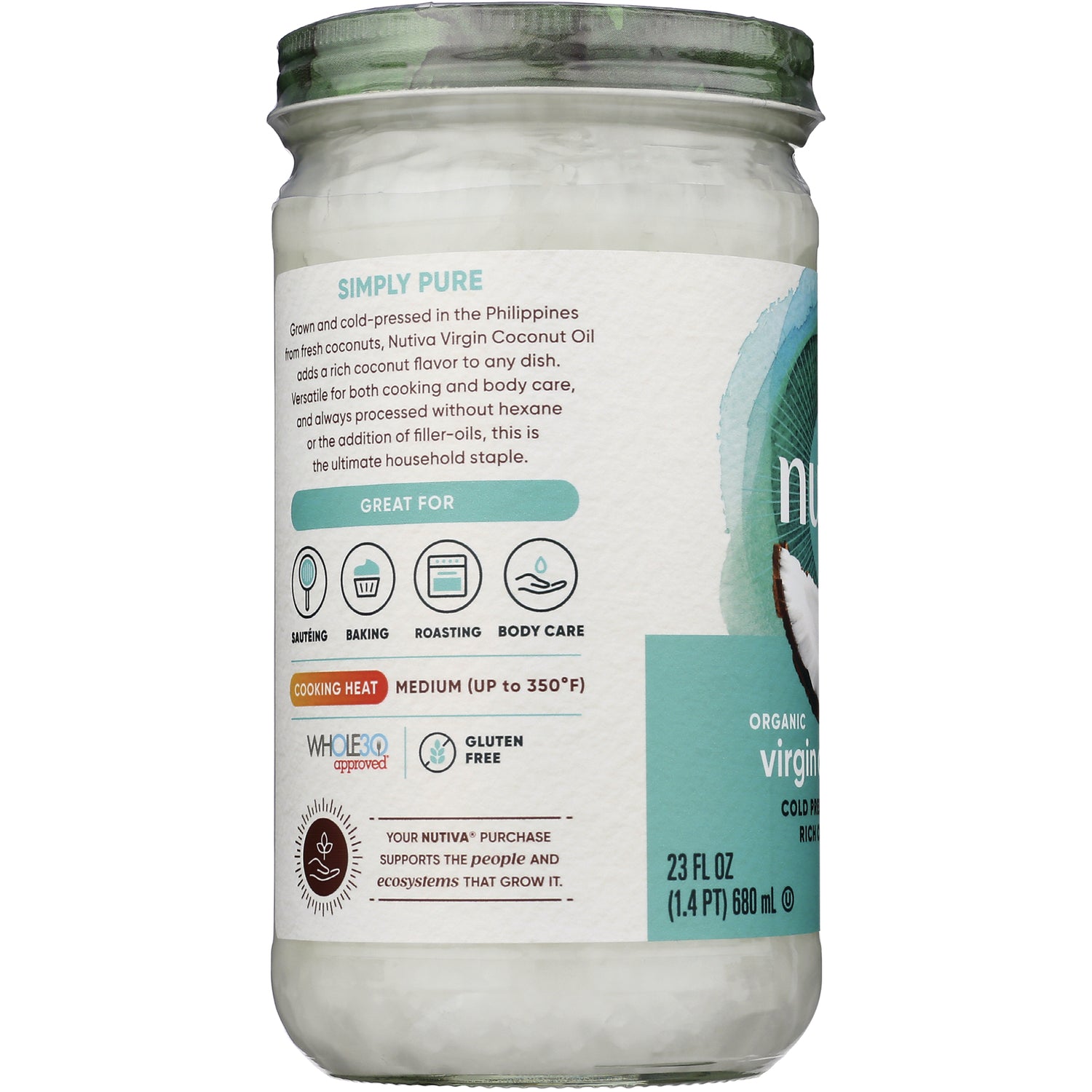 NTV042 | back label of jar showing uses icons, cooking heat medium up to 350F and 23 fl oz size