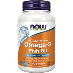 NWF074 | NOW Omega-3 Fish Oil bottle, 100 softgels, 1,000 mg fish oil per softgel