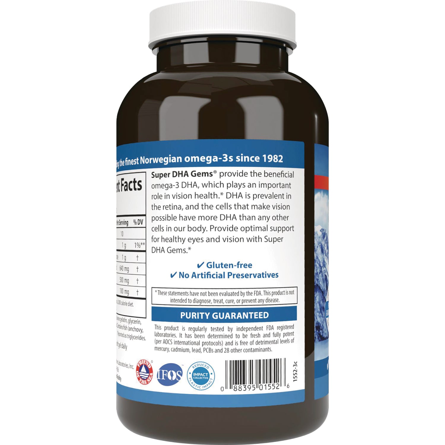 CSN014 | Back label of brown supplement bottle showing nutrition facts, claims labeled Gluten-free, No Artificial Preservatives, PURITY GUARANTEED and barcode