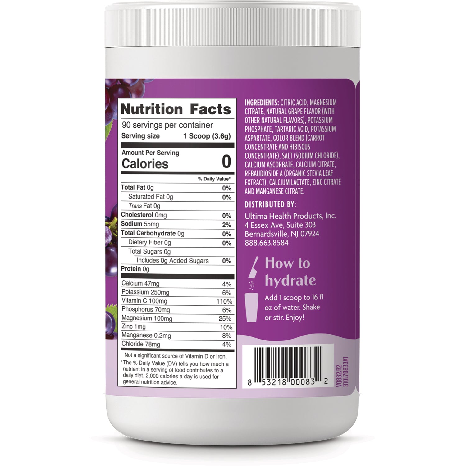 UHP017 | Back label with Nutrition Facts, ingredients, and How to hydrate instructions on purple electrolyte powder tub