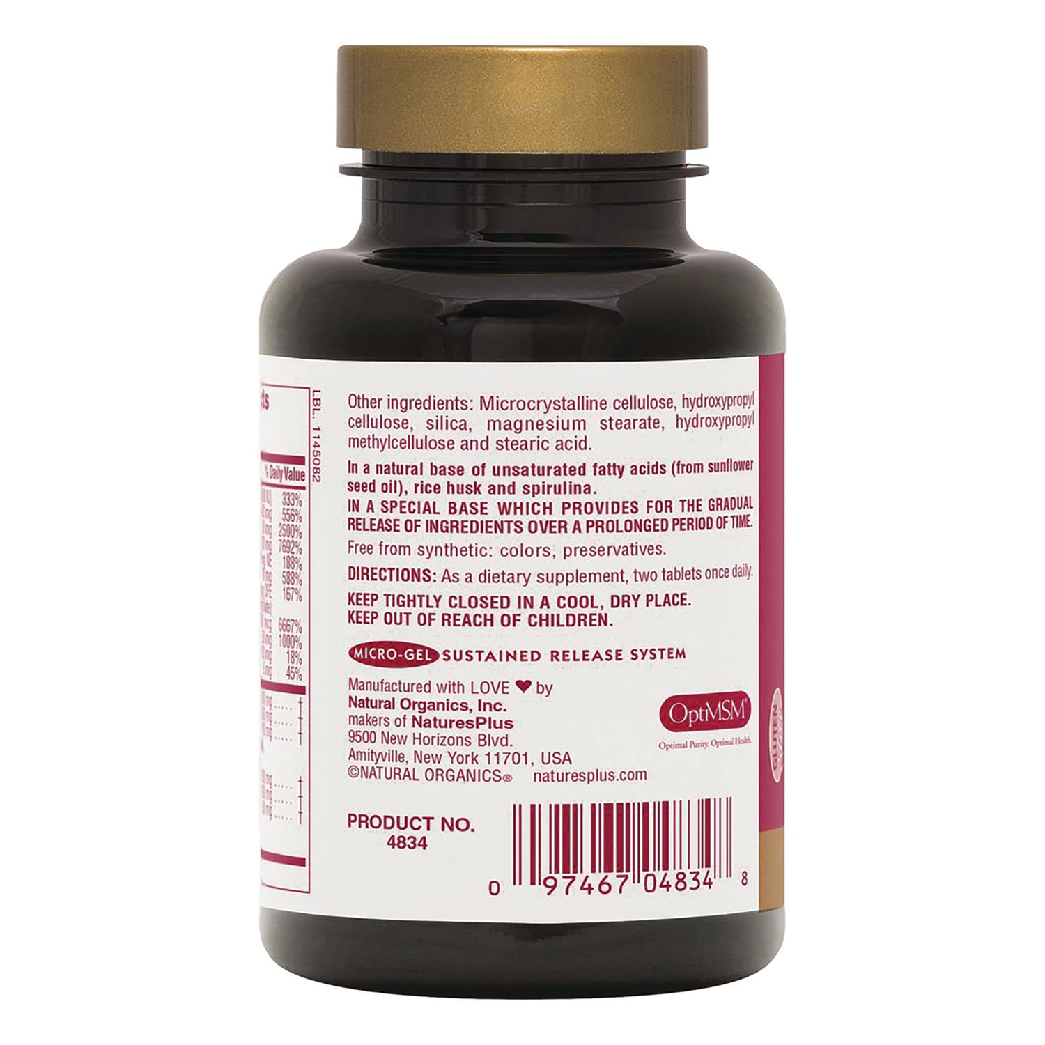 NTP102 | Back label of a Natural Organics OptiMSM supplement bottle with directions and ingredients
