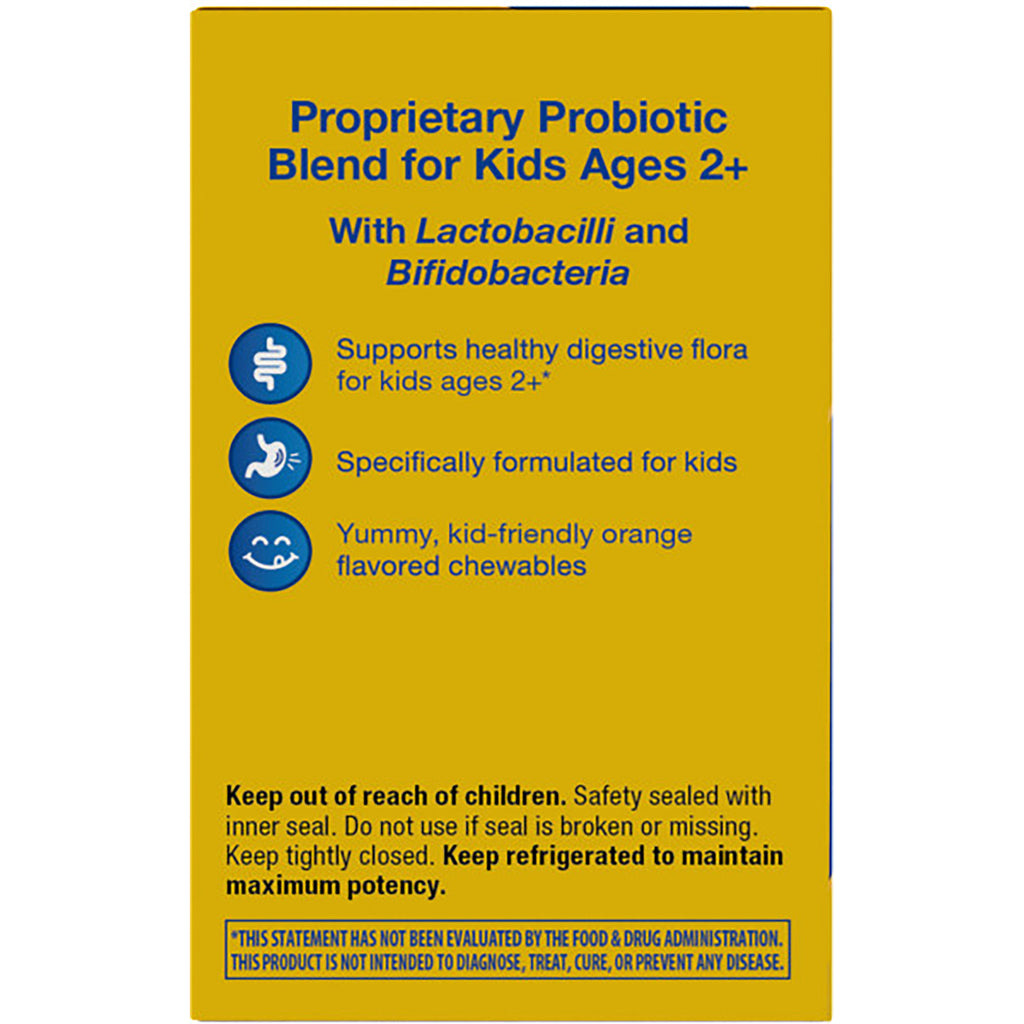 NW644 | back of probiotic supplement box showing True Guarantee badge, claims of 3 probiotic strains, orange flavor, warnings - Thumbnail
