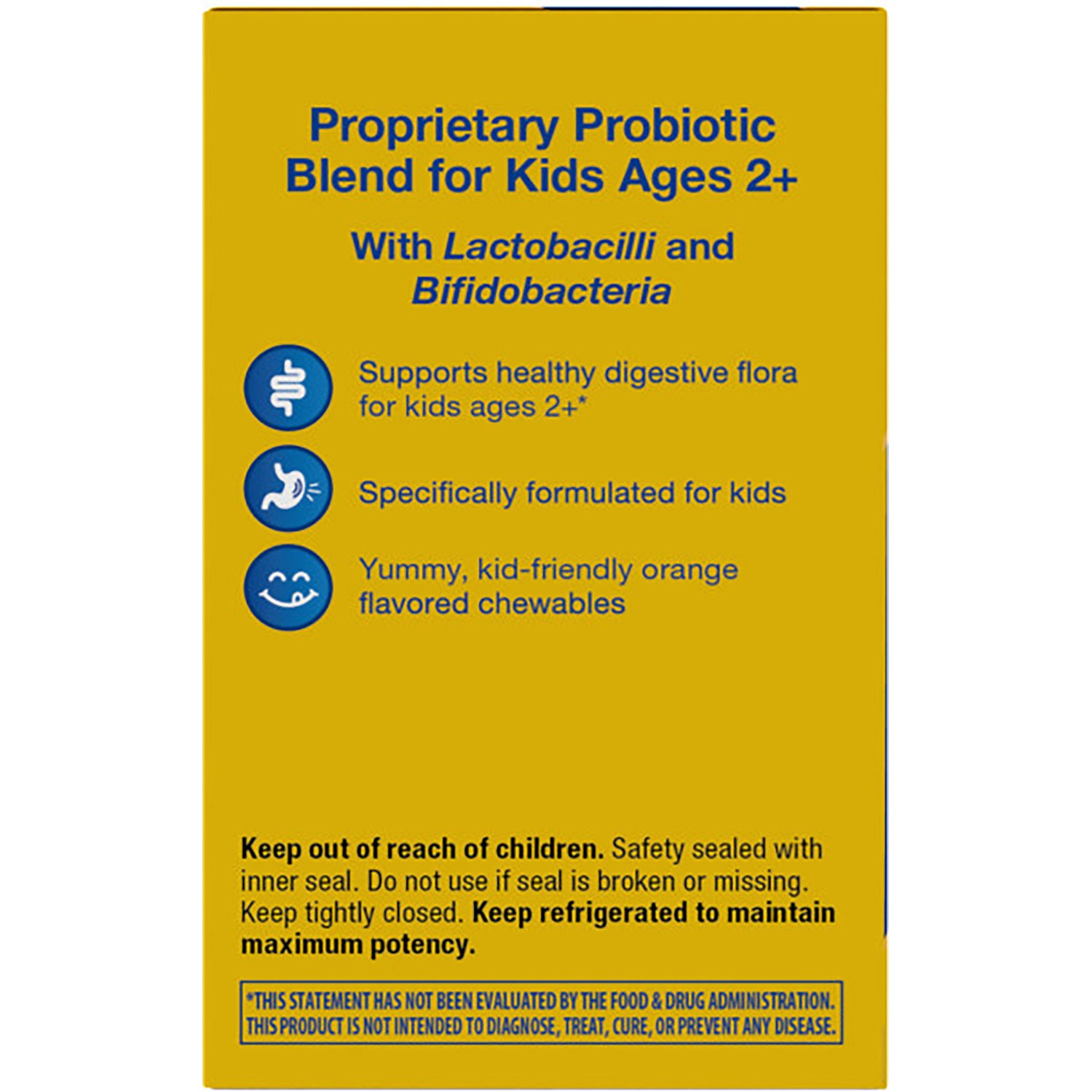NW644 | back of probiotic supplement box showing True Guarantee badge, claims of 3 probiotic strains, orange flavor, warnings